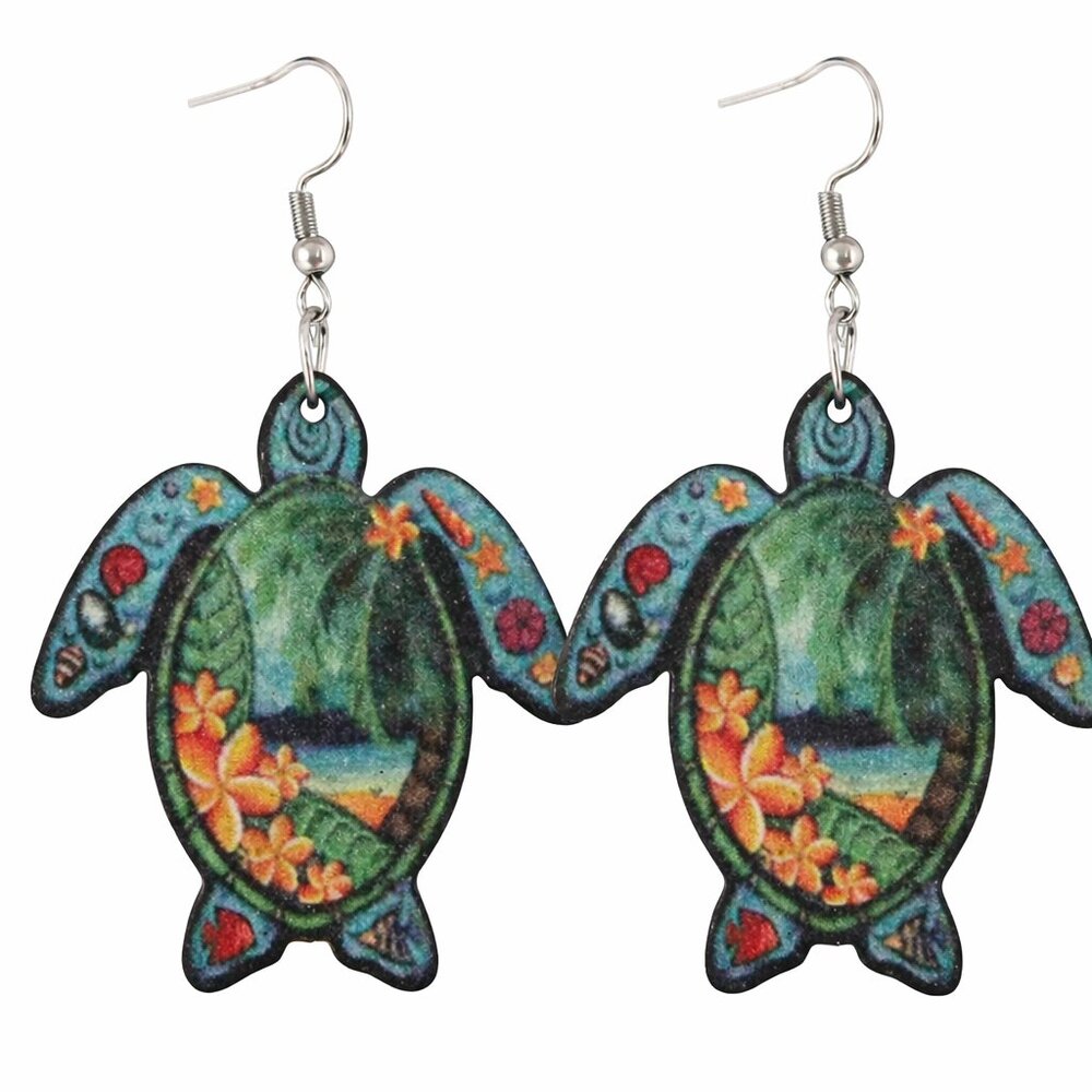 🐢 Hawaiian Tropical Print Sea Turtle Wood Earrings Beachy Gift NEW